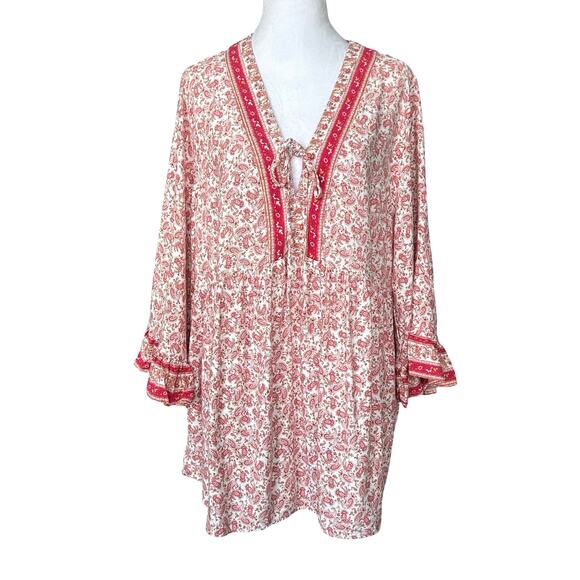 Cynthia Rowley Red Paisley Boho Tunic Blouse Top Flare Sleeve 1X Hippie Bohemian - Picture 2 of 12